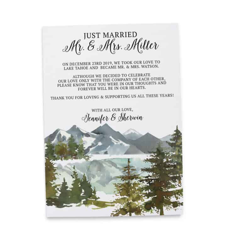 Elopement Announcement Cards, Wedding Announcement Cards, Printed and Printable Elopement Announcement Cards - Winter Mountain Design elopement266