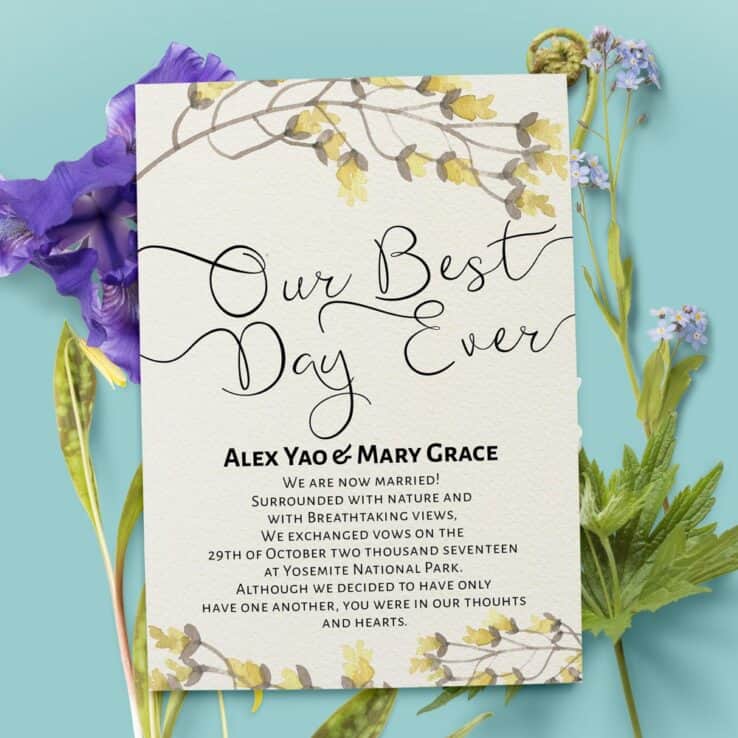 Our Best Day Ever Elopement Announcement Cards with Yellow Flowers elopement36