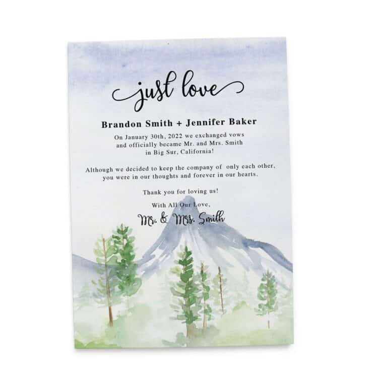 Mountain Just Love Wedding Elopement Announcement Card Forest Destination Wedding elopement418