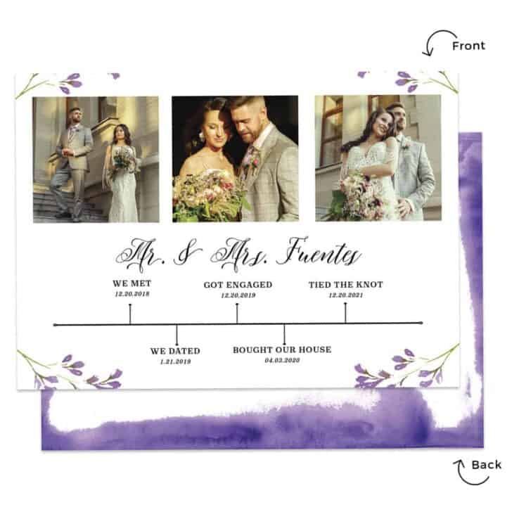 Purple wedding elopement announcement cards with relationship timeline, Custom #467