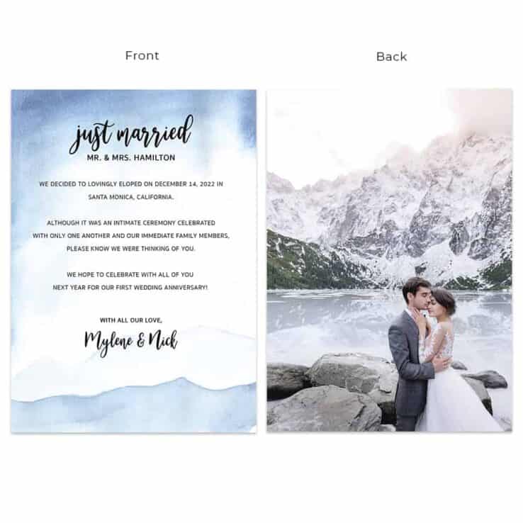 Just Married Winter Mountain Elopement Microwedding Announcement Cards #633