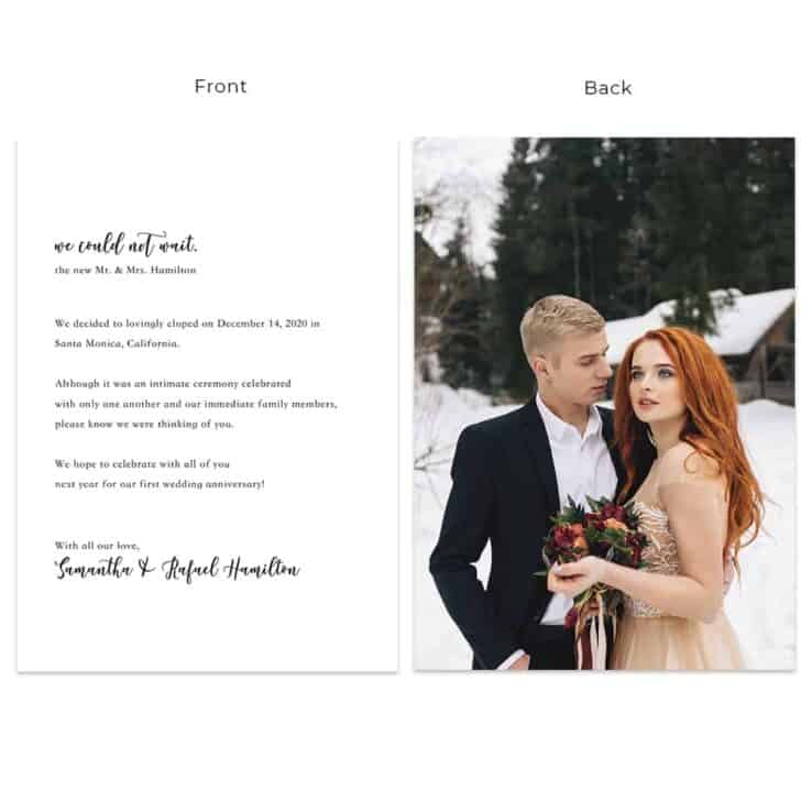 Minimalist "We Could Not Wait" Elopement Wedding Announcement Card #635