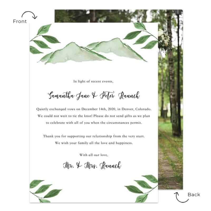 Mountain Elopement Wedding Announcment Cards Personalized #636