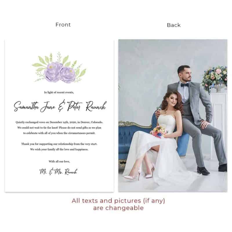 Purple Flower Bouquet Elopement Intimate Wedding Announcement Cards #638