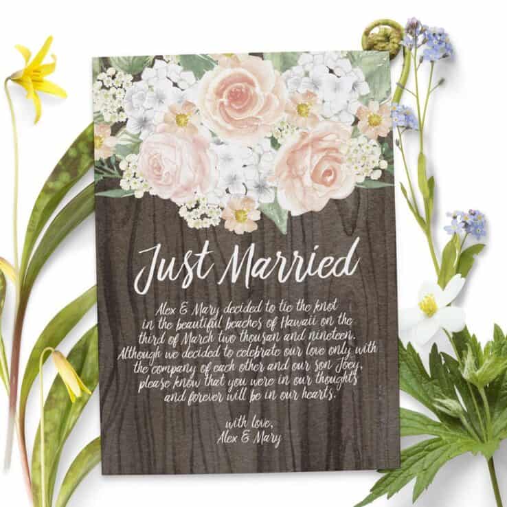 Just Married Rustic Elopement Cards, Elopement Announcement Cards with Flowers elopement77