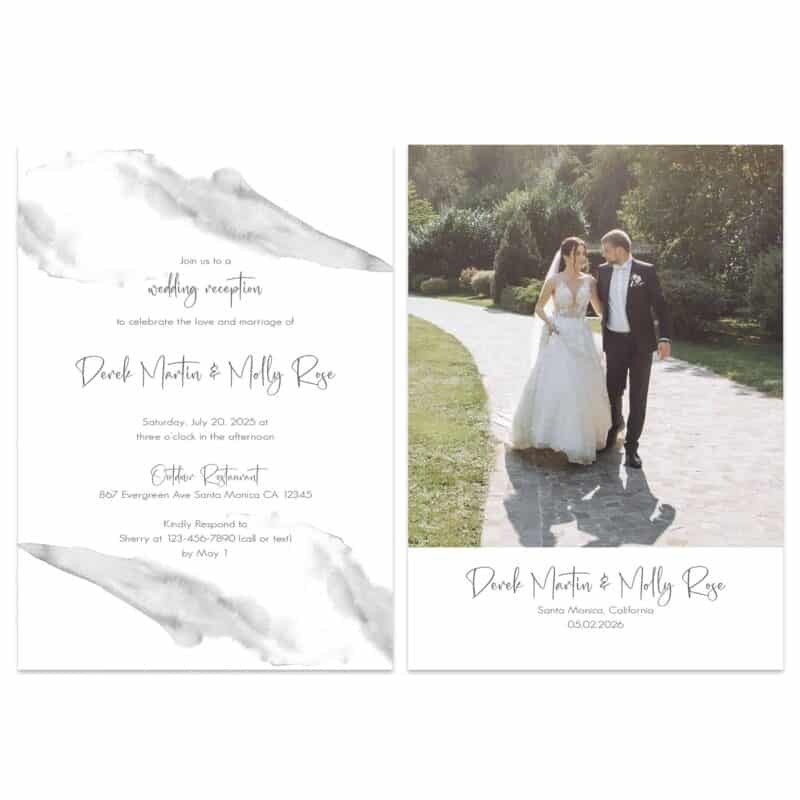 Minimalist Wedding Reception Party Invitation Cards, Grey Watercolor