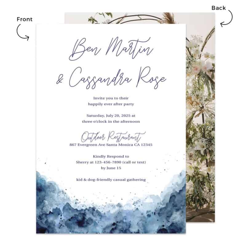 Personalized Wedding Reception Party Invitation Custom Card, Blue Watercolor, Simple