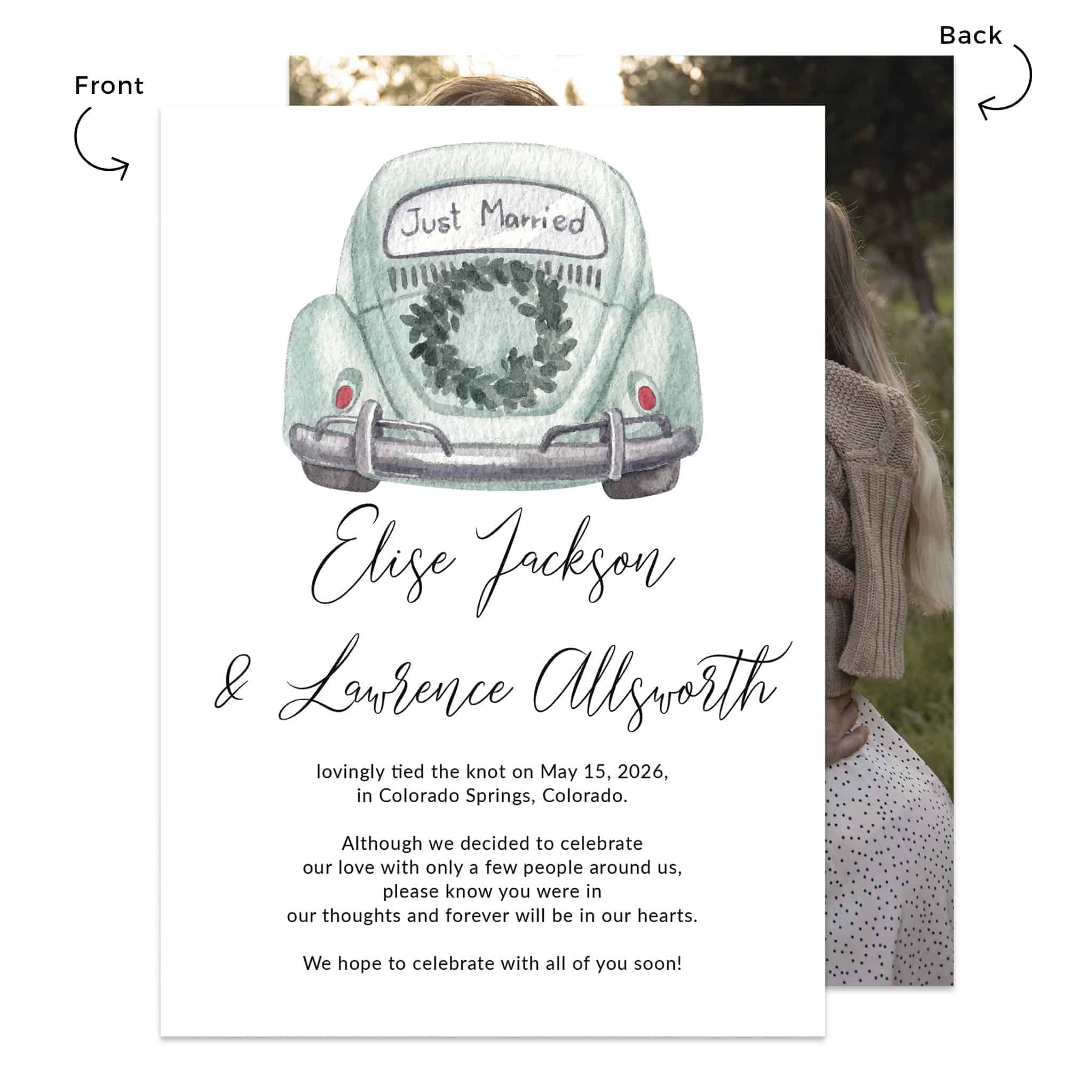 Just Married Elopement Wedding Announcement Cards, Watercolor Car, Add your photo