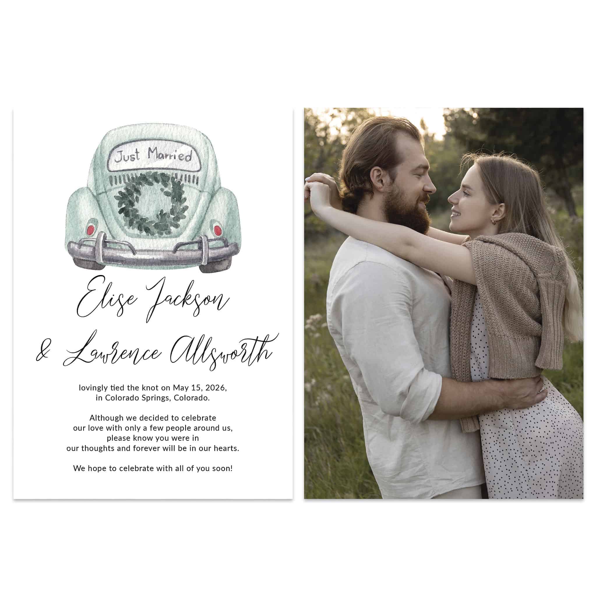 Just Married Elopement Wedding Announcement Cards, Watercolor Car, Add your photo