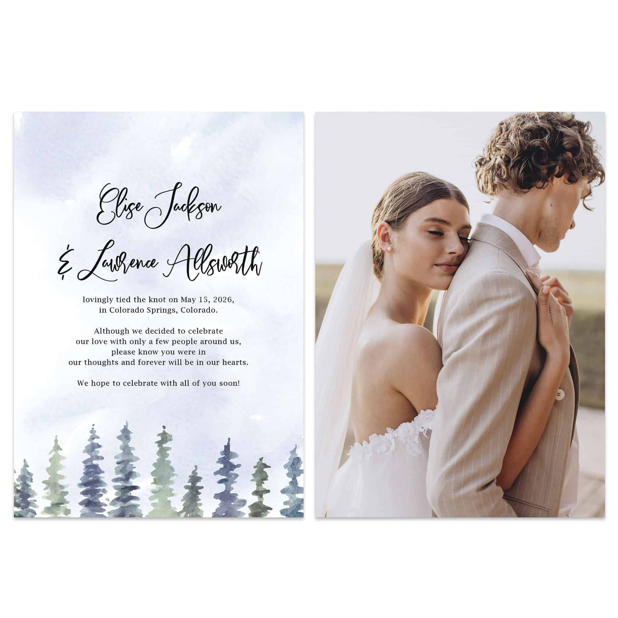 Personalized Elopement Wedding Cards, Flat, 5" x 7", Customized, Scenic Watercolor Design