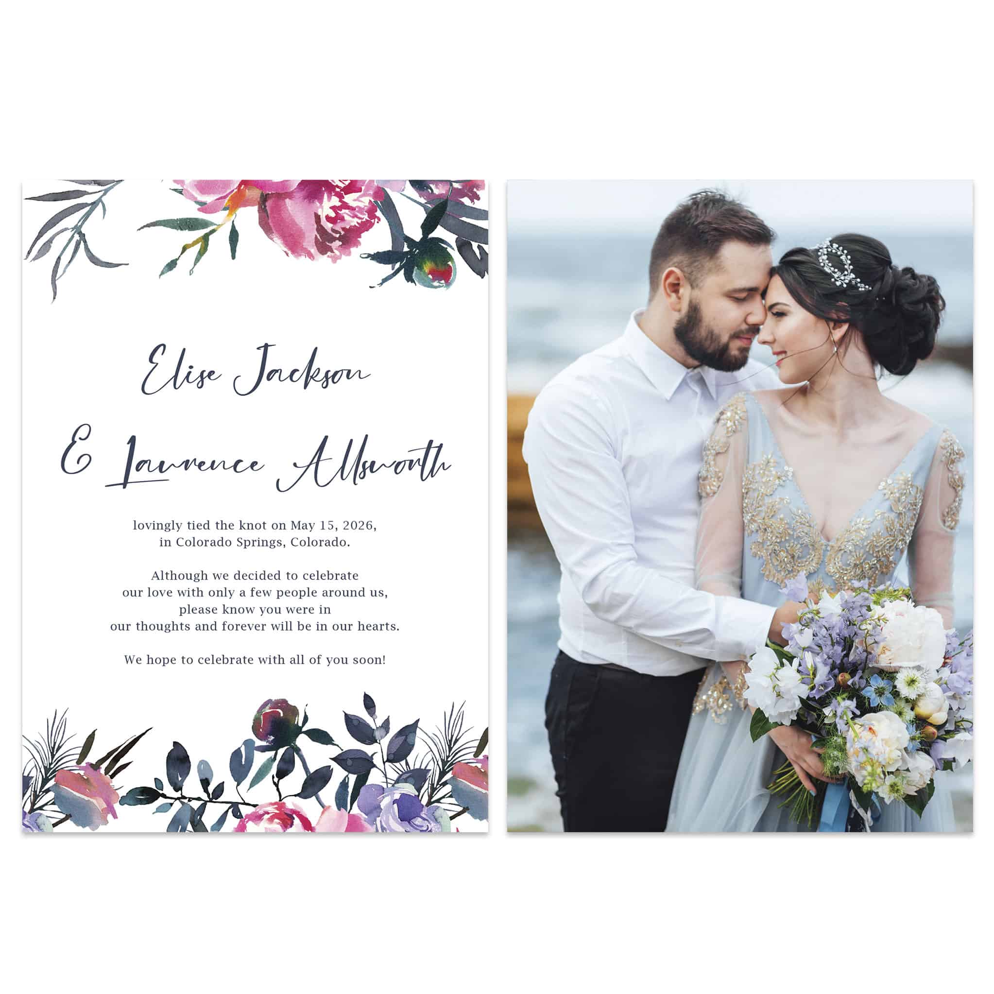 Custom Wedding Elopement Announcement Cards, Flat Cards, 5" x 7"