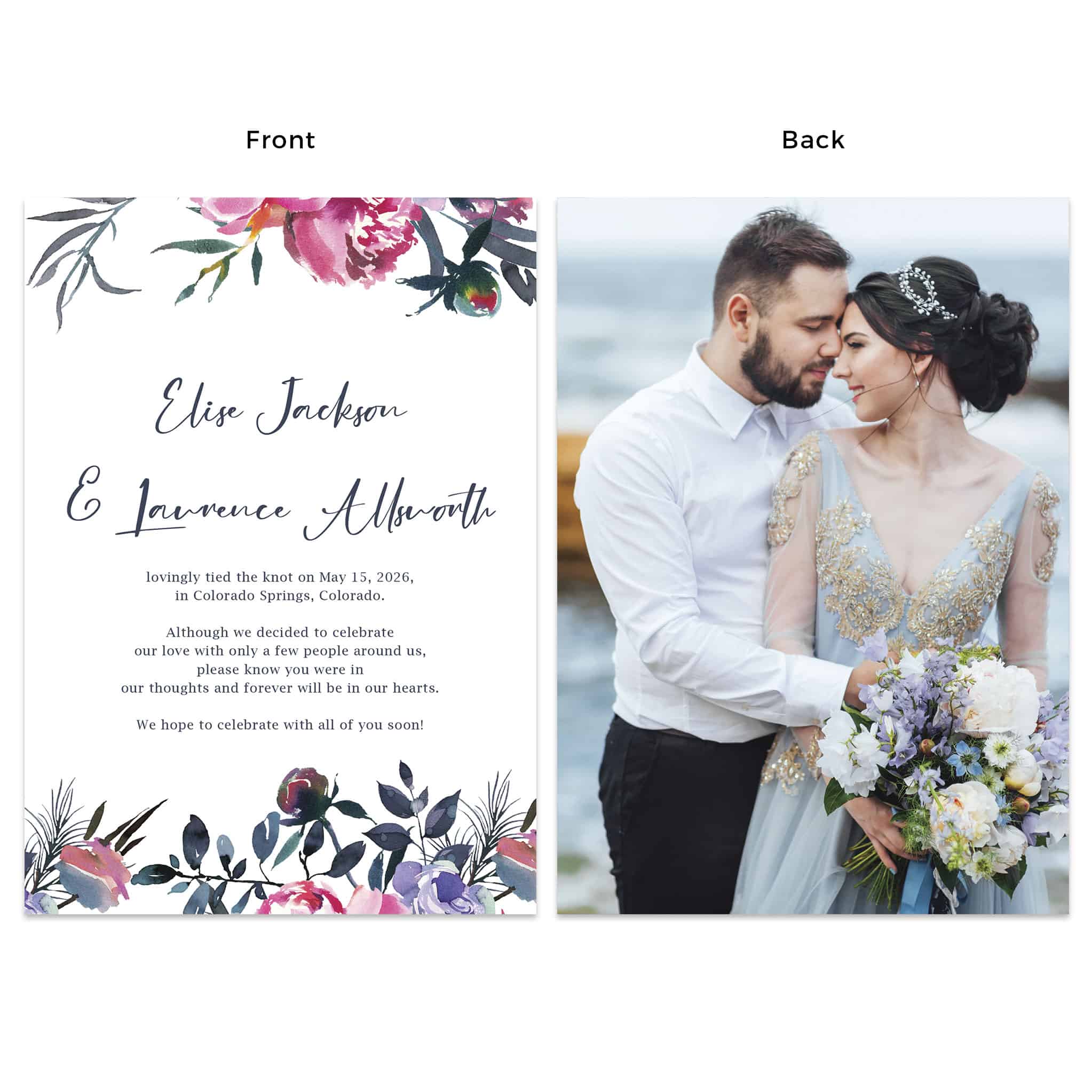 Custom Wedding Elopement Announcement Cards, Flat Cards, 5" x 7"