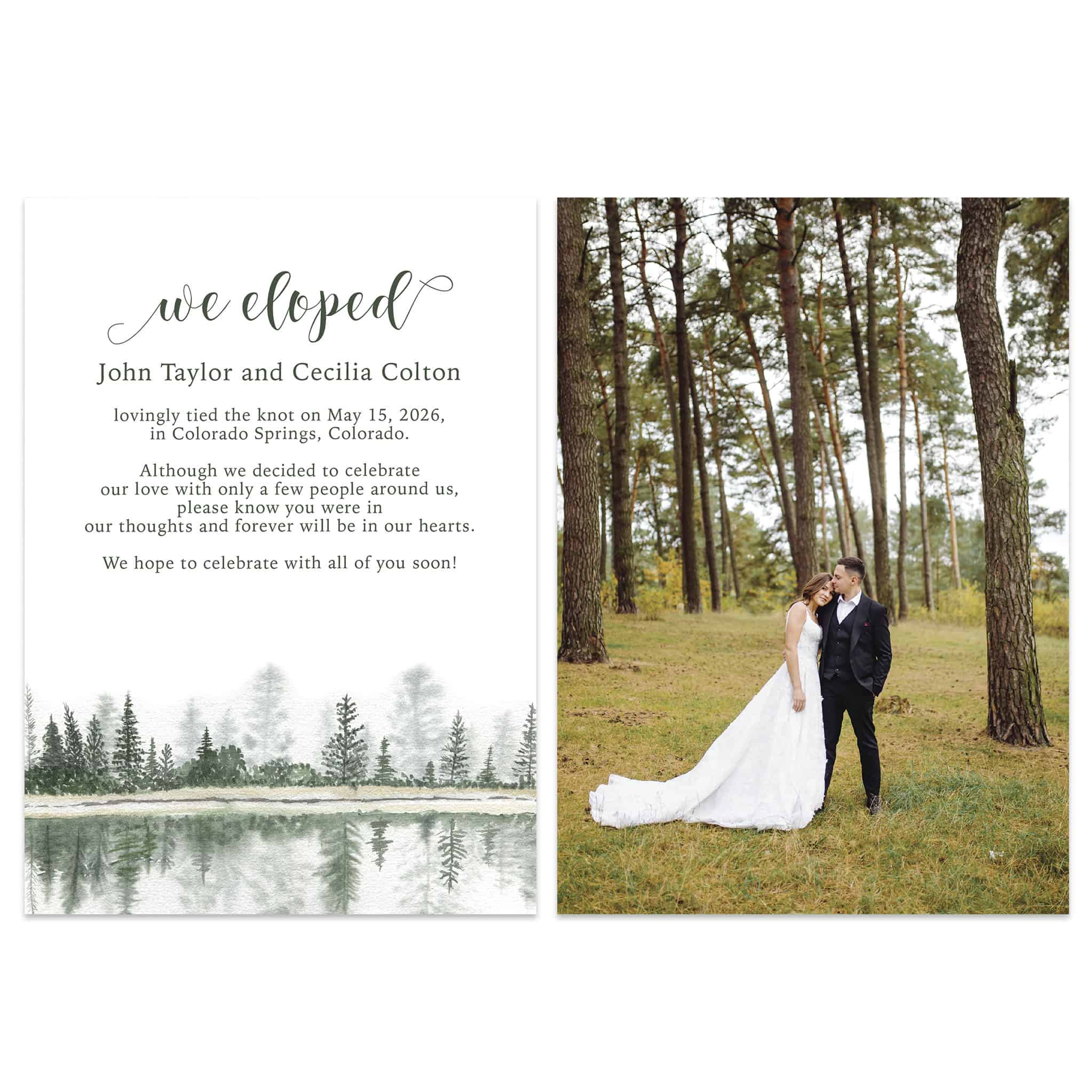 Custom Watercolor Scenic Elopement Wedding Announcement Flat Cards 5" x 7", Personalized