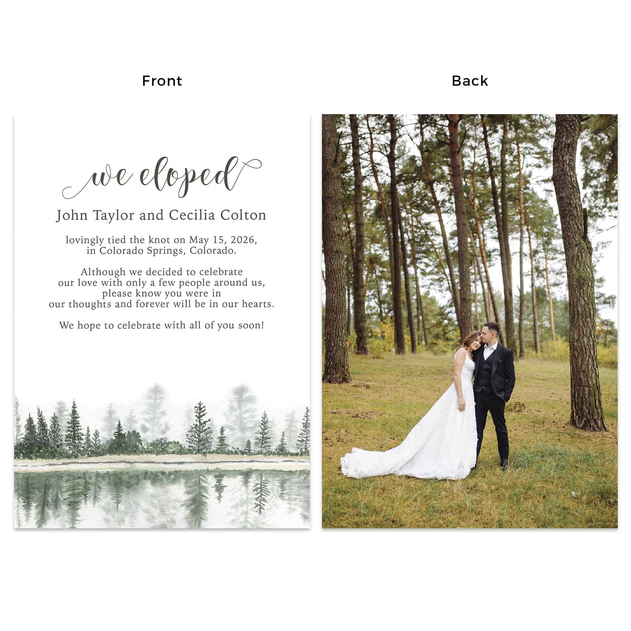 Custom Watercolor Scenic Elopement Wedding Announcement Flat Cards 5" x 7", Personalized