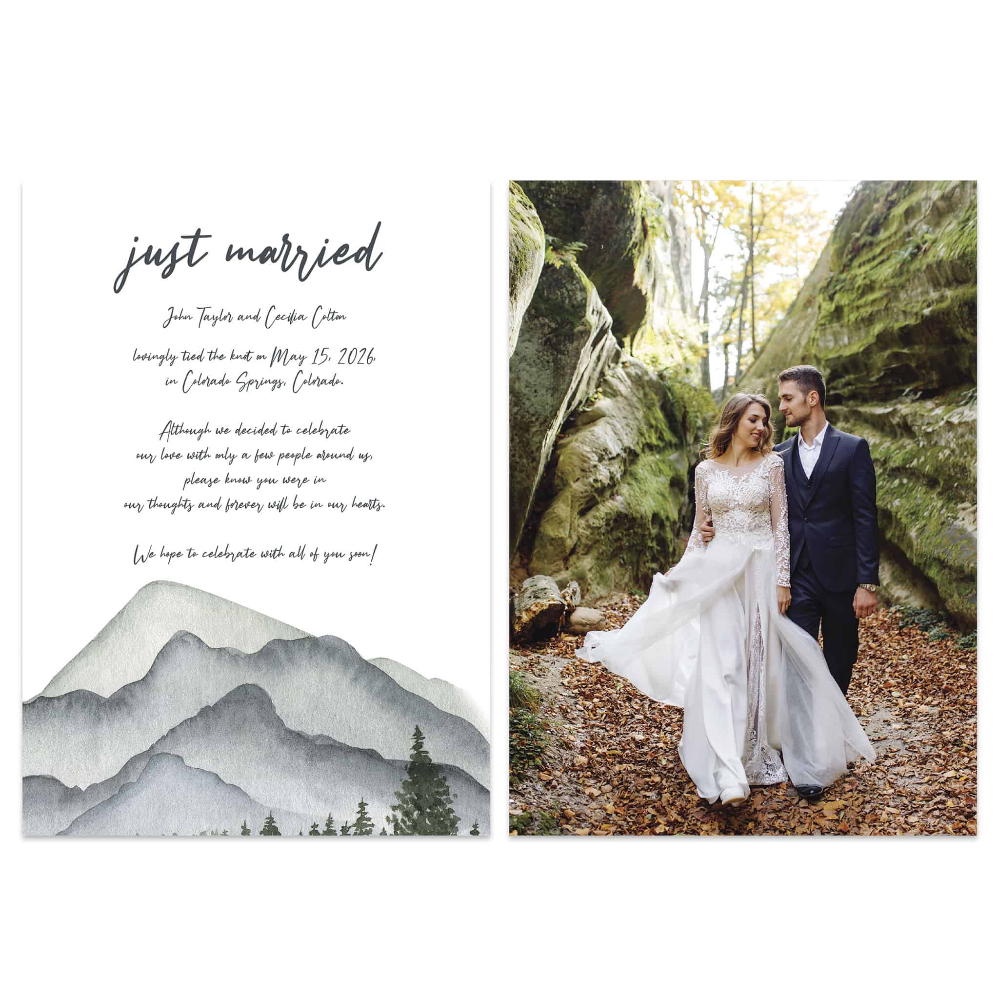 Mountain Outdoors Wedding Elopement Announcement Cards, Custom, Flat Cards 5"x 7"