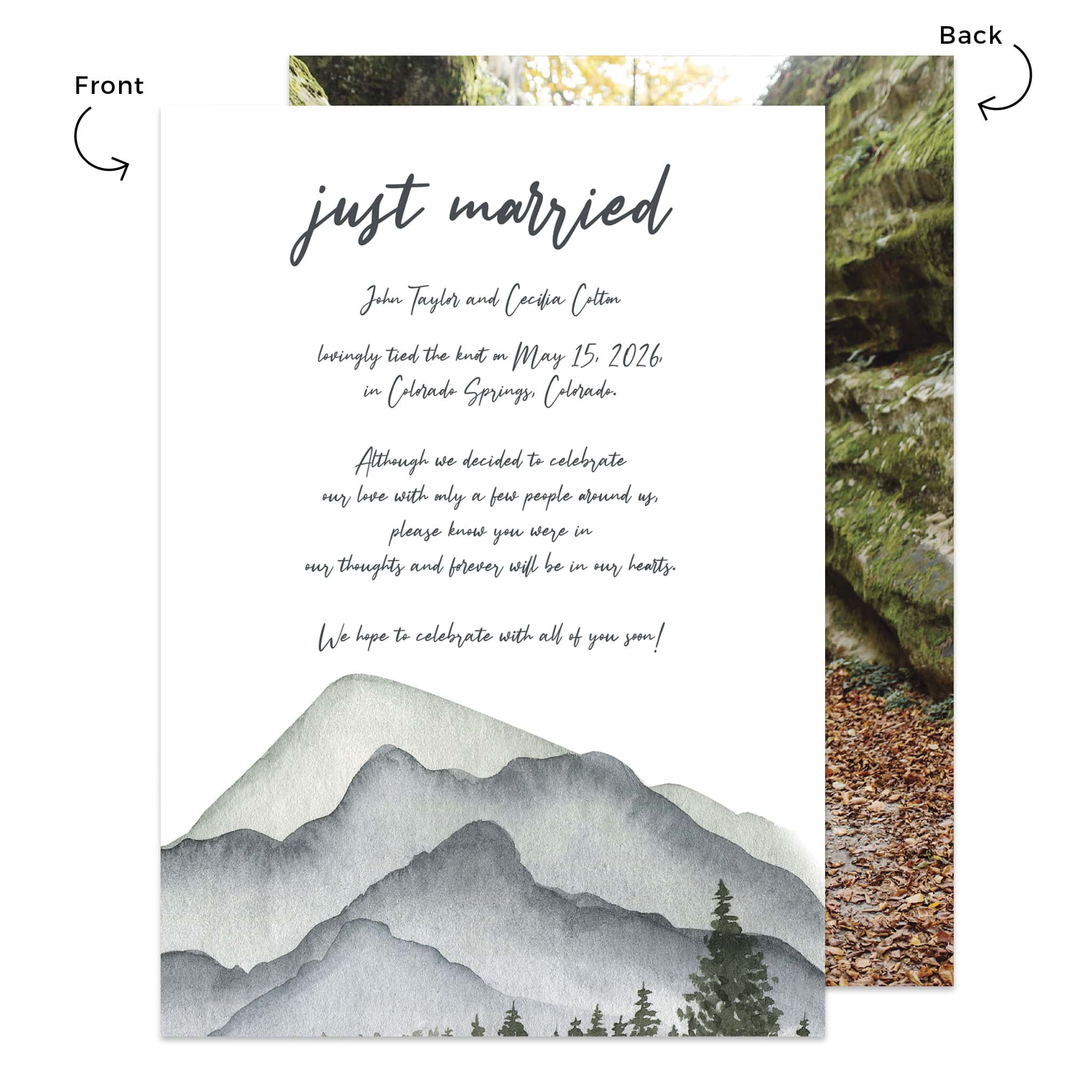 Mountain Outdoors Wedding Elopement Announcement Cards, Custom, Flat Cards 5"x 7"