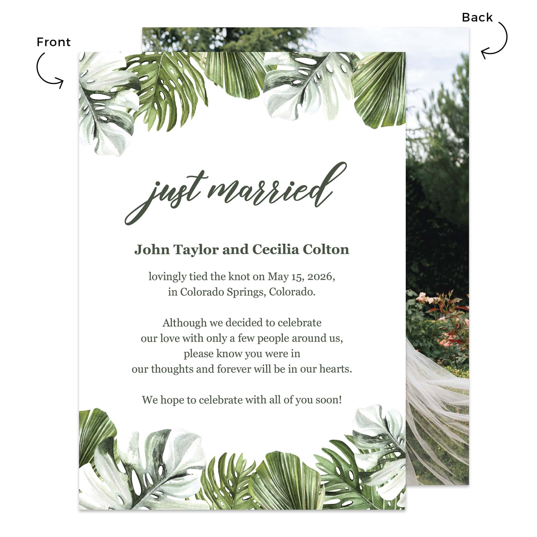 Just Married Wedding Elopement Announcement Cards, 5" x 7", Tropical Foliage, Summer Wedding